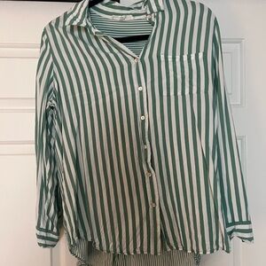 Green and White Striped Button-Up Shirt